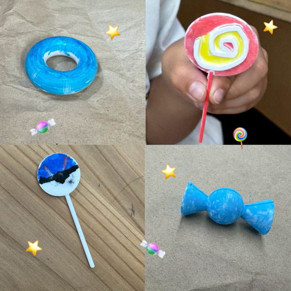 児童が3Dプリンターで作ったお菓子。ドーナツやアイス、キャンディなどがあります。