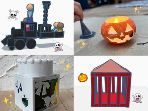 児童が3Dプリンターで作るハロウィンのランタン。印刷前データ画像や、印刷したカボチャのランタンなどがあります。