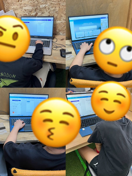 放課後等デイサービスの児童がノートパソコンを使ってクイズに取り組む様子