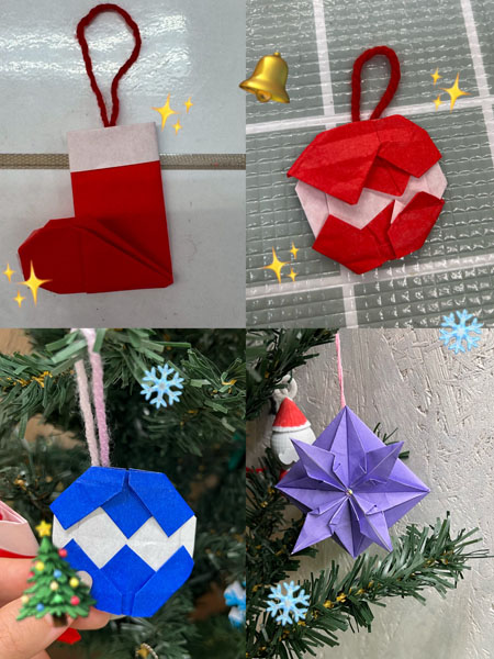 放課後等デイサービスの児童が折り紙で作ったクリスマスのオーナメント。