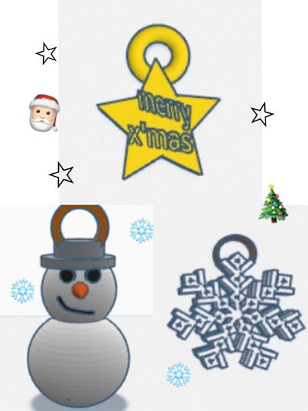 放課後等デイサービスの児童がクリスマスをテーマに作った3Dデータ。雪だるまや雪の結晶などがあります。