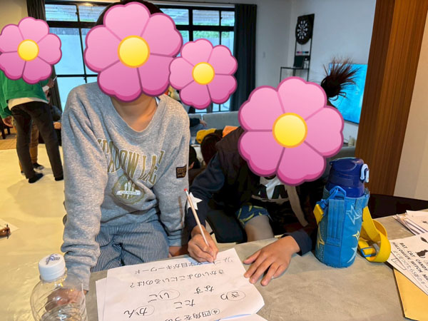 放課後等デイサービスの謎解きイベントの様子。児童達が紙に描かれた謎を解いています。