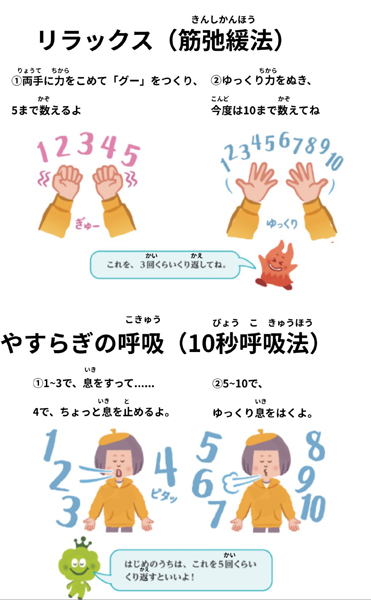 体に力を入れてから力を抜くリラックス法と、10秒かけて行う深呼吸についての解説