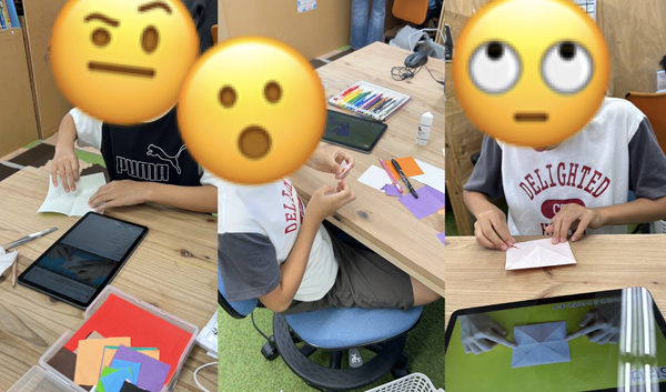 放課後等デイサービスの児童が折り紙を折る様子